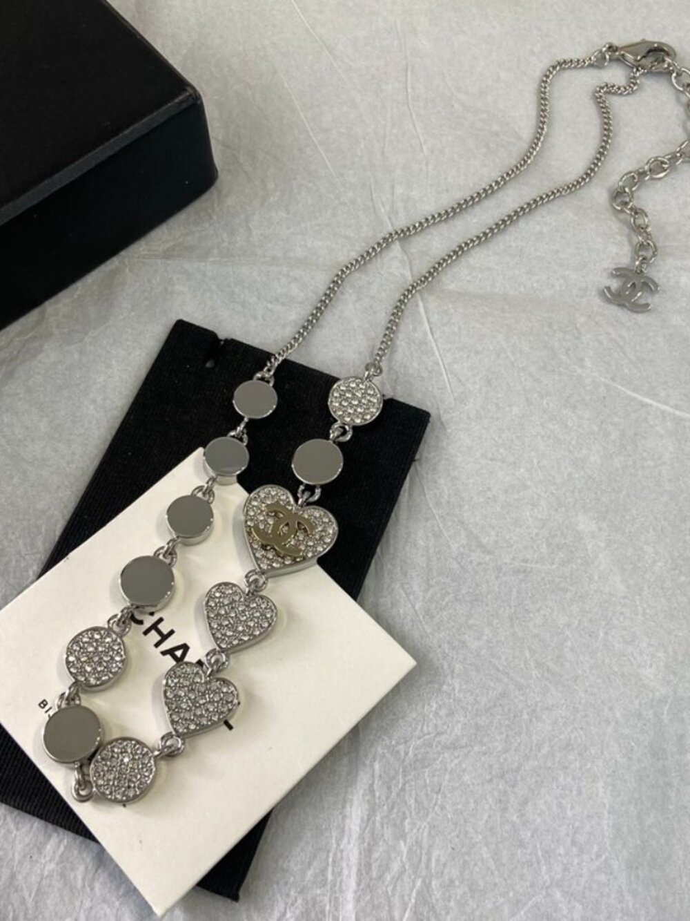 Edgy Chanel-Style Crystal Heart Bracelet, Cool Silver Tone